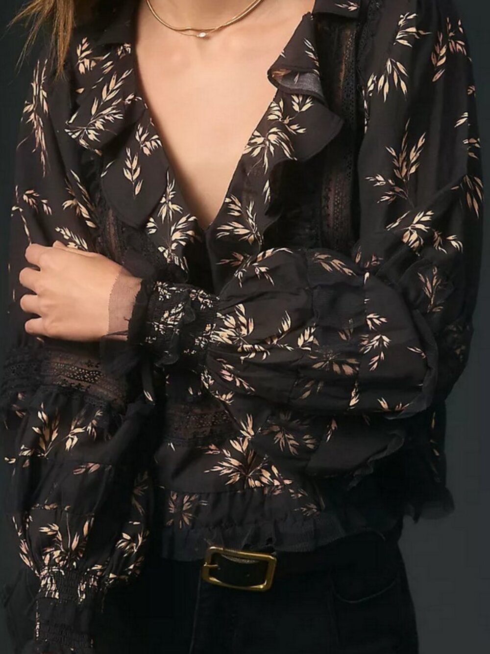 Anthropologie Black Motif V-Neck Ruffle Lace Detail Blouse - Picture 1 of 11